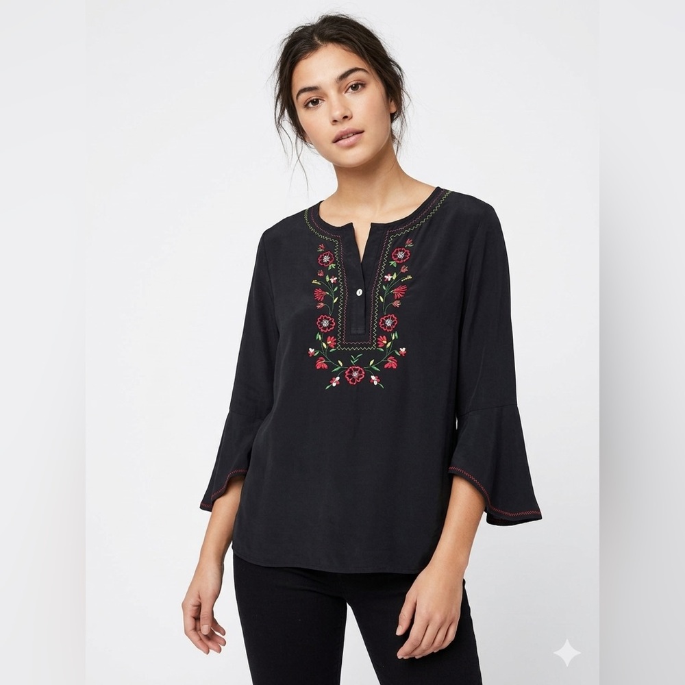 Anne Carson 100% Silk Embroidered Blouse Sz Medium Boho Cottagecore Hippy